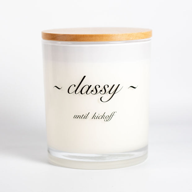 classy until kickoff printed candle