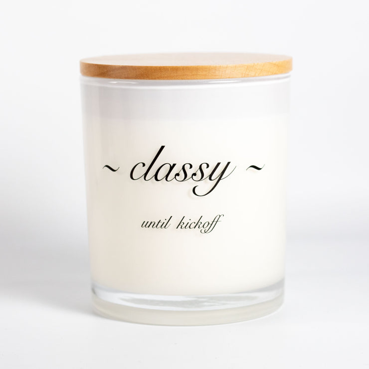 classy until kickoff printed candle