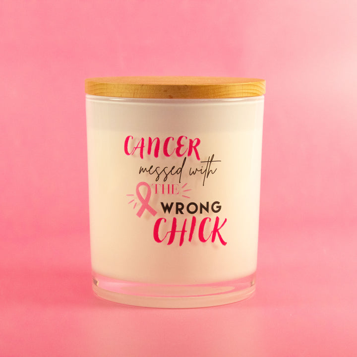 CANCER MESSED WITH THE WRONG CHICK- BREAST CANCER CANDLE