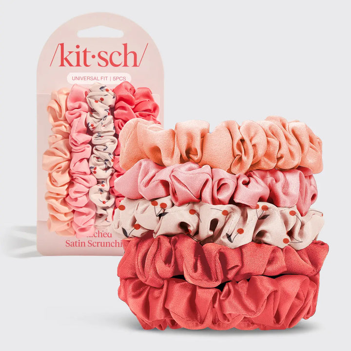 RUCHED SATIN SCRUNCHIES 5PC-CHERRY PRINT