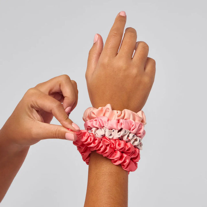 RUCHED SATIN SCRUNCHIES 5PC-CHERRY PRINT
