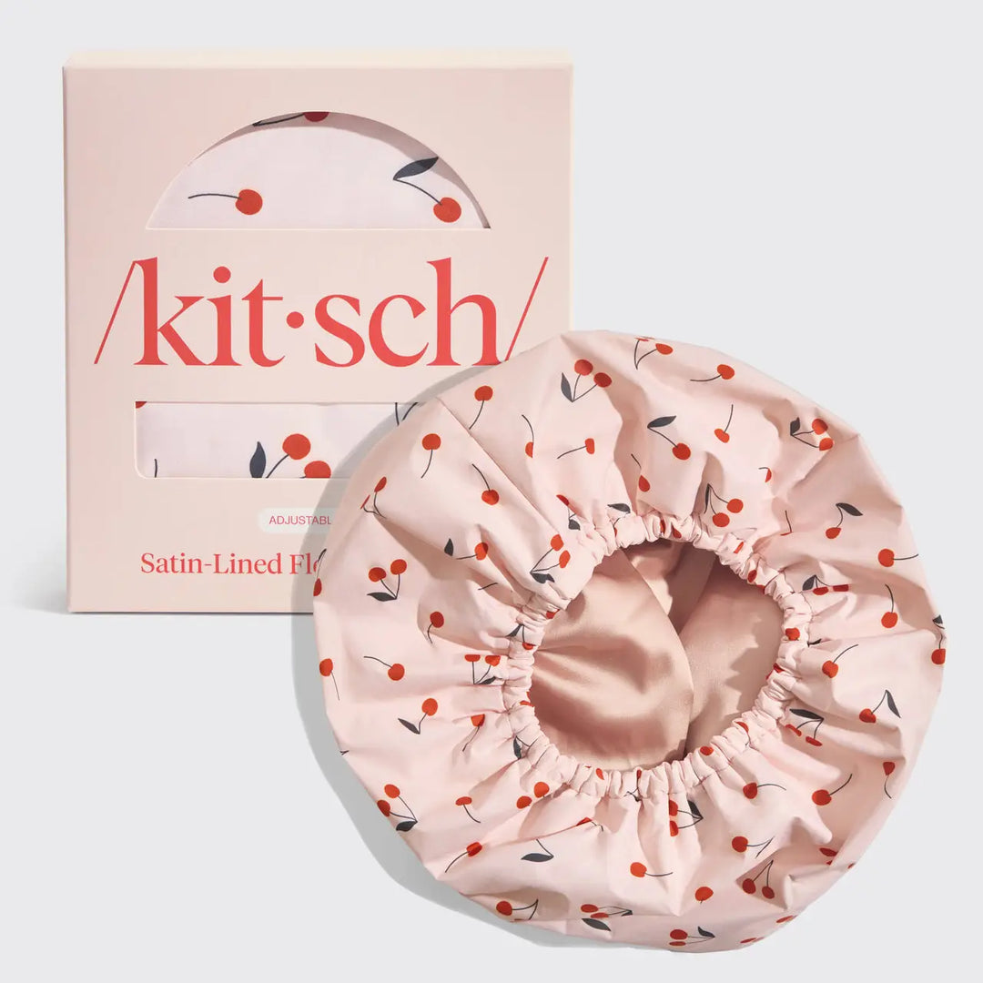 SATIN-LINED FLEXI SHOWER CAP-CHERRY PRINT