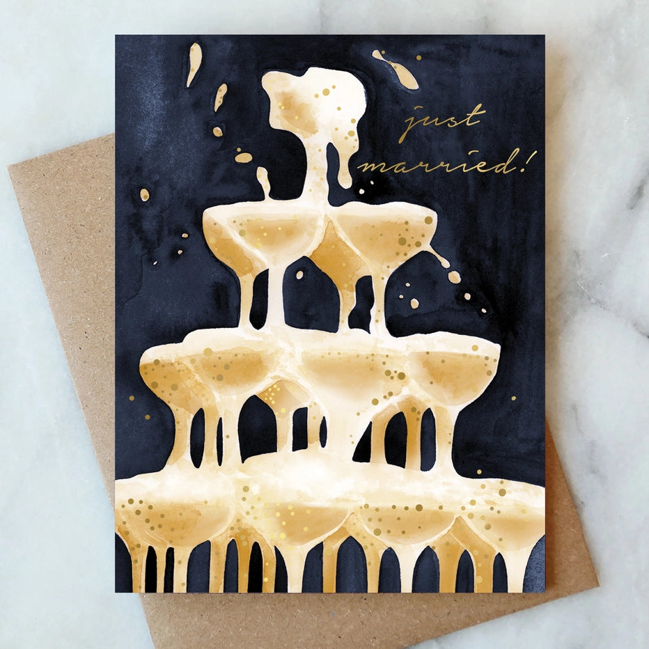 JUST MARRIED CHAMPAGNE TOWER GREETING CARD