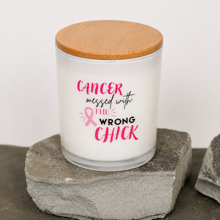 CANCER MESSED WITH THE WRONG CHICK- BREAST CANCER CANDLE