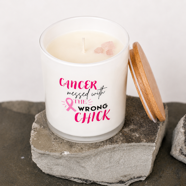 CANCER MESSED WITH THE WRONG CHICK- BREAST CANCER CANDLE