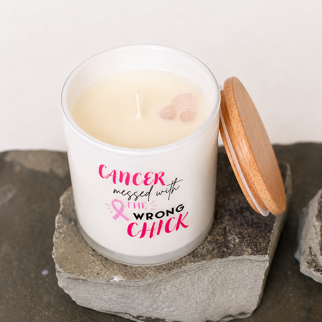 CANCER MESSED WITH THE WRONG CHICK- BREAST CANCER CANDLE