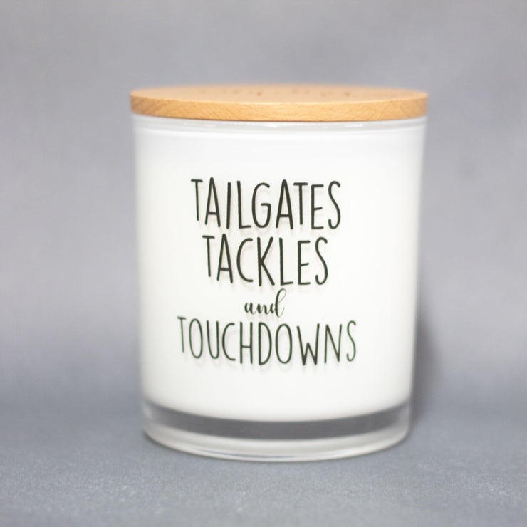 tailgates tackles and touchdowns printed candle